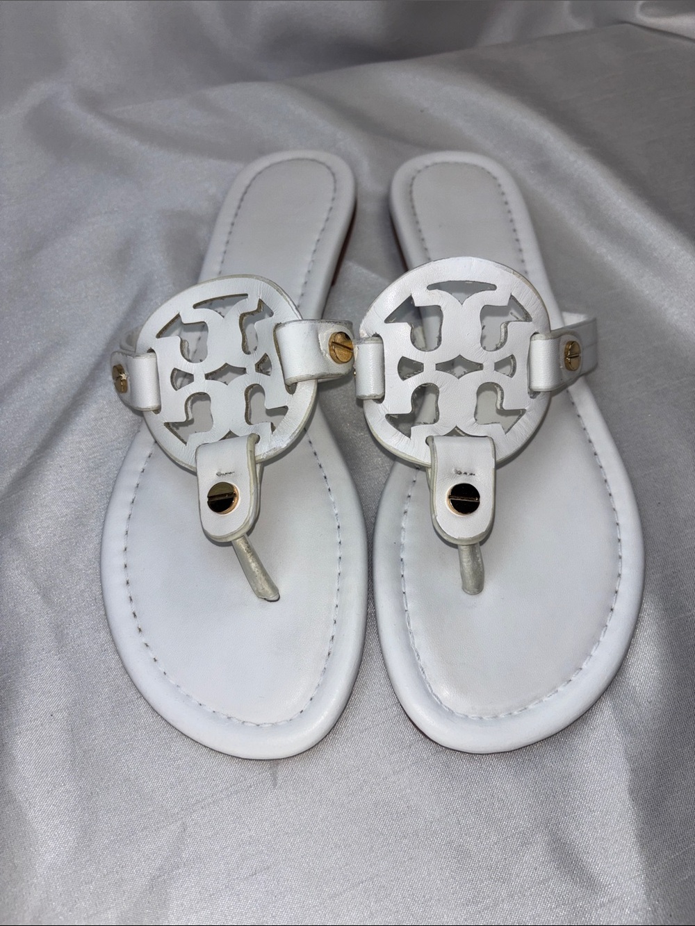 Tory Burch White Leather Miller Sandals with Gold Accents